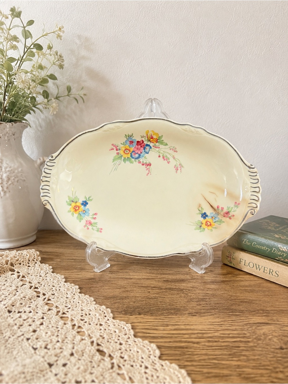 Homer Laughlin Cream Floral Hand-Painted Serving Platter